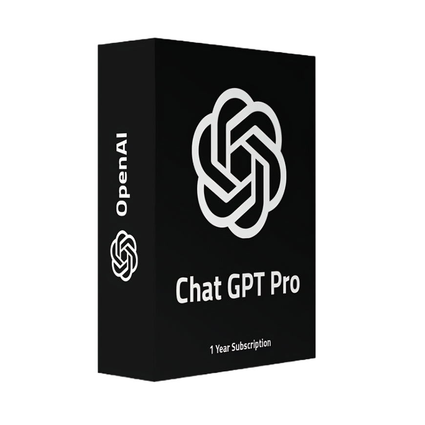 Black box packaging of OpenAI Chat GPT Pro with white logo and text on a white background