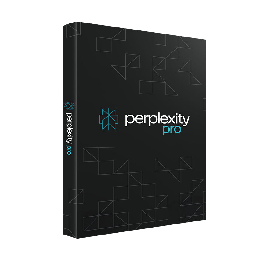 Black packaging of Perplexity Pro with geometric patterns on a white background