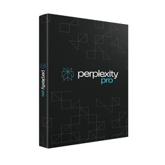 Black packaging of Perplexity Pro with geometric patterns on a white background