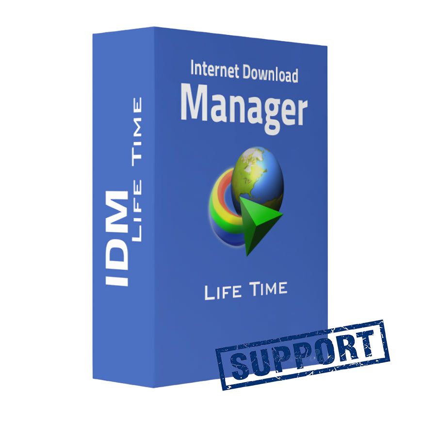 Blue box of Internet Download Manager with 'LIFE TIME' and 'SUPPORT!' text on a white background